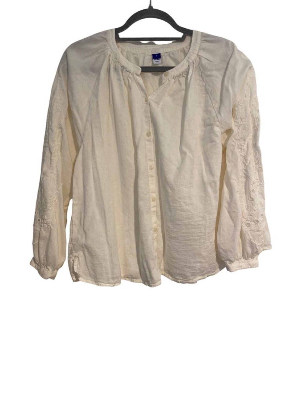 Old Navy Women’s M Seasalt White Poet Blouse Button Front Eyelet Detail Peasant